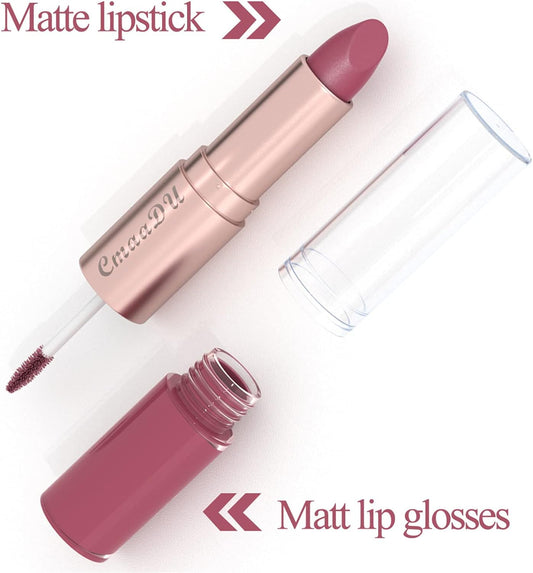 2 in 1 Lipstick Set 6Pcs Matte Nude Liquid Lipstick Non-Stick Long Lasting Lip Gloss Kit High Shine for Fuller Looking Lips, Pigmented Lip Makeup Gift Sets for Girls and Women(B)