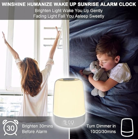 Touch Dimmable Bedside Night Light with Sunrise Alarm Clock, RGB Ambient Lamp for Kids' Bedrooms