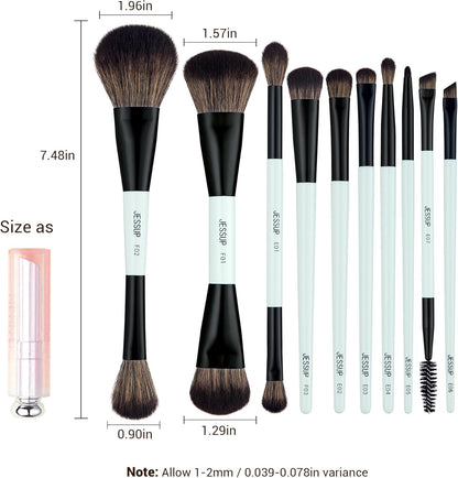 Makeup Brushes Set 10Pcs, Double Sided Foundation Contour Blush Highlight Blending Eyebrow Brush Eyeshadow Eyeliner Concealer Brush, Bright Cyan Cruelty Free Cosmetic Tools T500