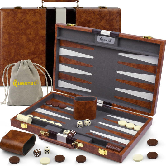 Large Backgammon Sets for Adults - Classic Board Games for 2 Players Adults and Kids - Premium Backgammon Set 38.1 Cm Board and 32 Backgammon Pieces in Quality PU Leather Case