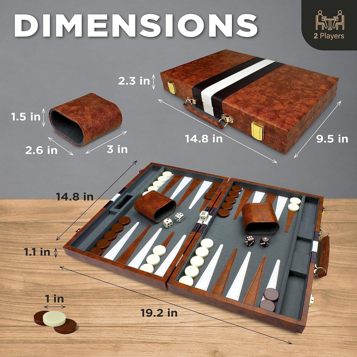 Large Backgammon Sets for Adults - Classic Board Games for 2 Players Adults and Kids - Premium Backgammon Set 38.1 Cm Board and 32 Backgammon Pieces in Quality PU Leather Case