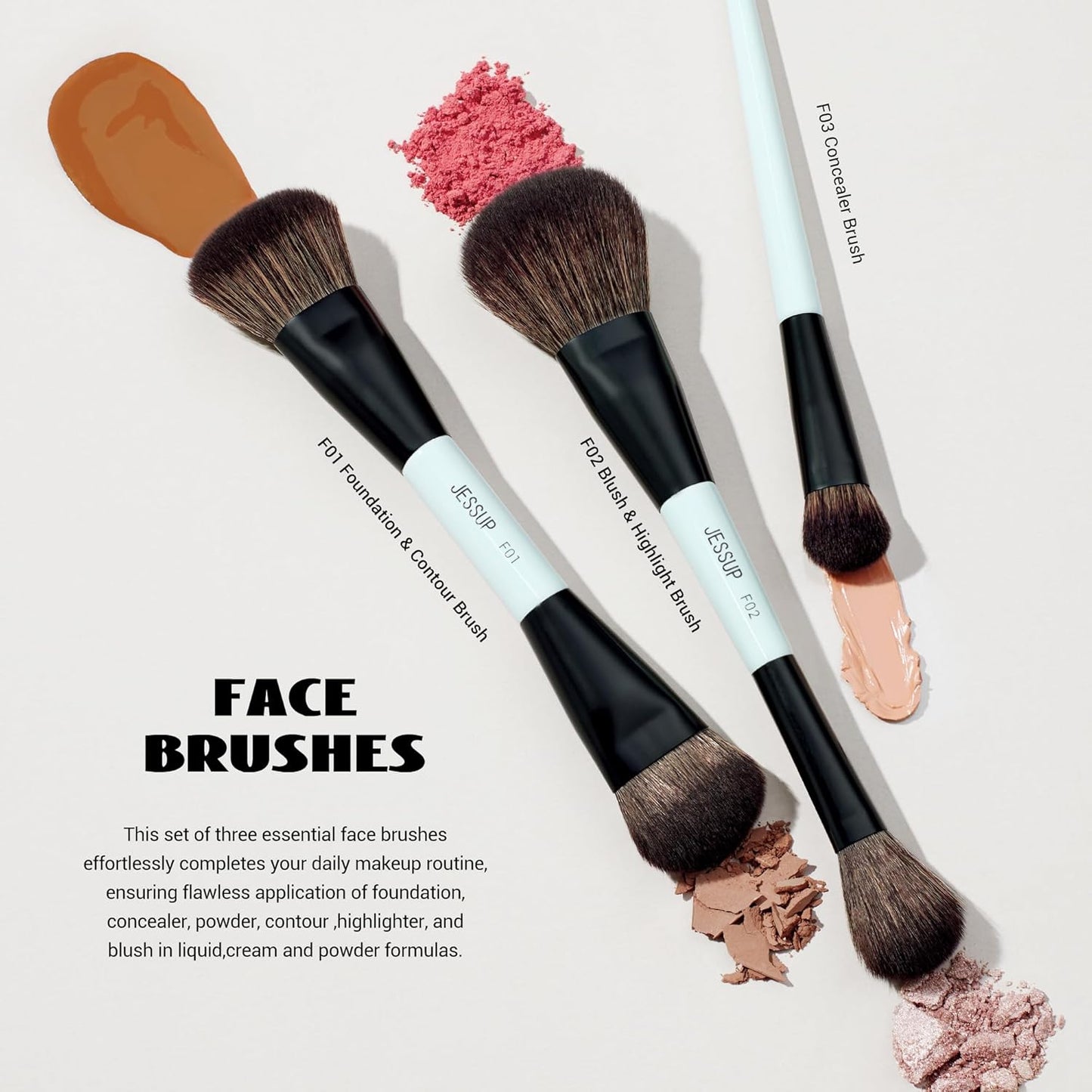 Makeup Brushes Set 10Pcs, Double Sided Foundation Contour Blush Highlight Blending Eyebrow Brush Eyeshadow Eyeliner Concealer Brush, Bright Cyan Cruelty Free Cosmetic Tools T500