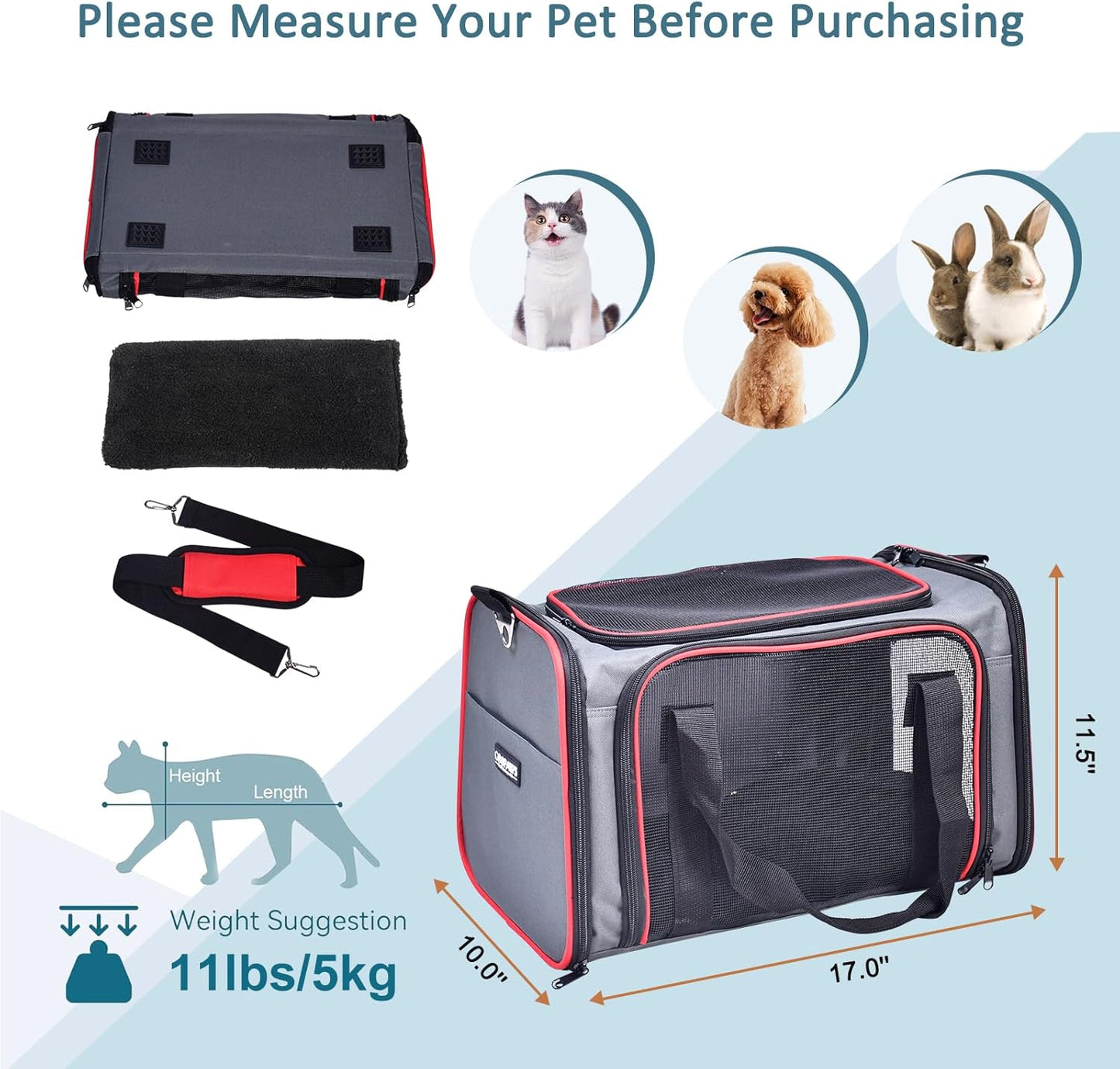 Soft-Sided Pet Travel Carrier, Airline Approved Cat Carriers Dog Carrier Collapsible, Durable, Top Loading, Car Seat for Dogs and Cats and Small Medium Animal, 17"