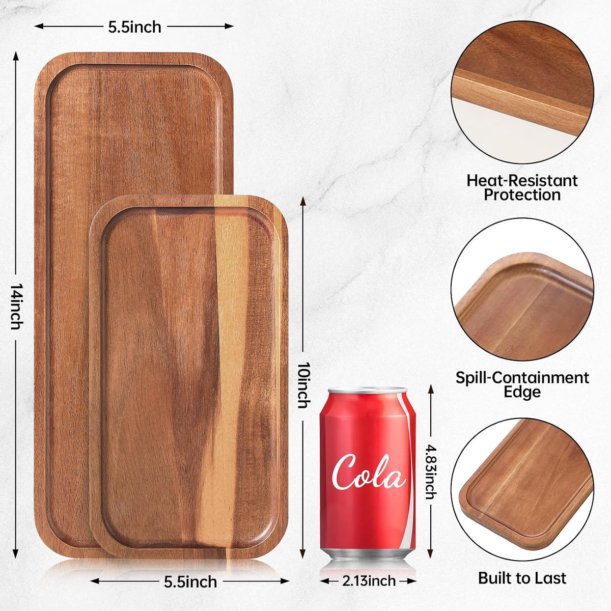 Solid Acacia Wood Serving Tray - 6 Pack, 35.5 Cm X 14 Cm Rectangular Wooden Serving Platter, Wood Boards for Food, Mini Cheese Board for Vegetable, Charcuterie, Appetizer