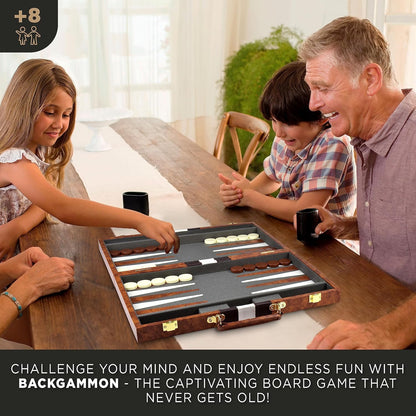 Large Backgammon Sets for Adults - Classic Board Games for 2 Players Adults and Kids - Premium Backgammon Set 38.1 Cm Board and 32 Backgammon Pieces in Quality PU Leather Case
