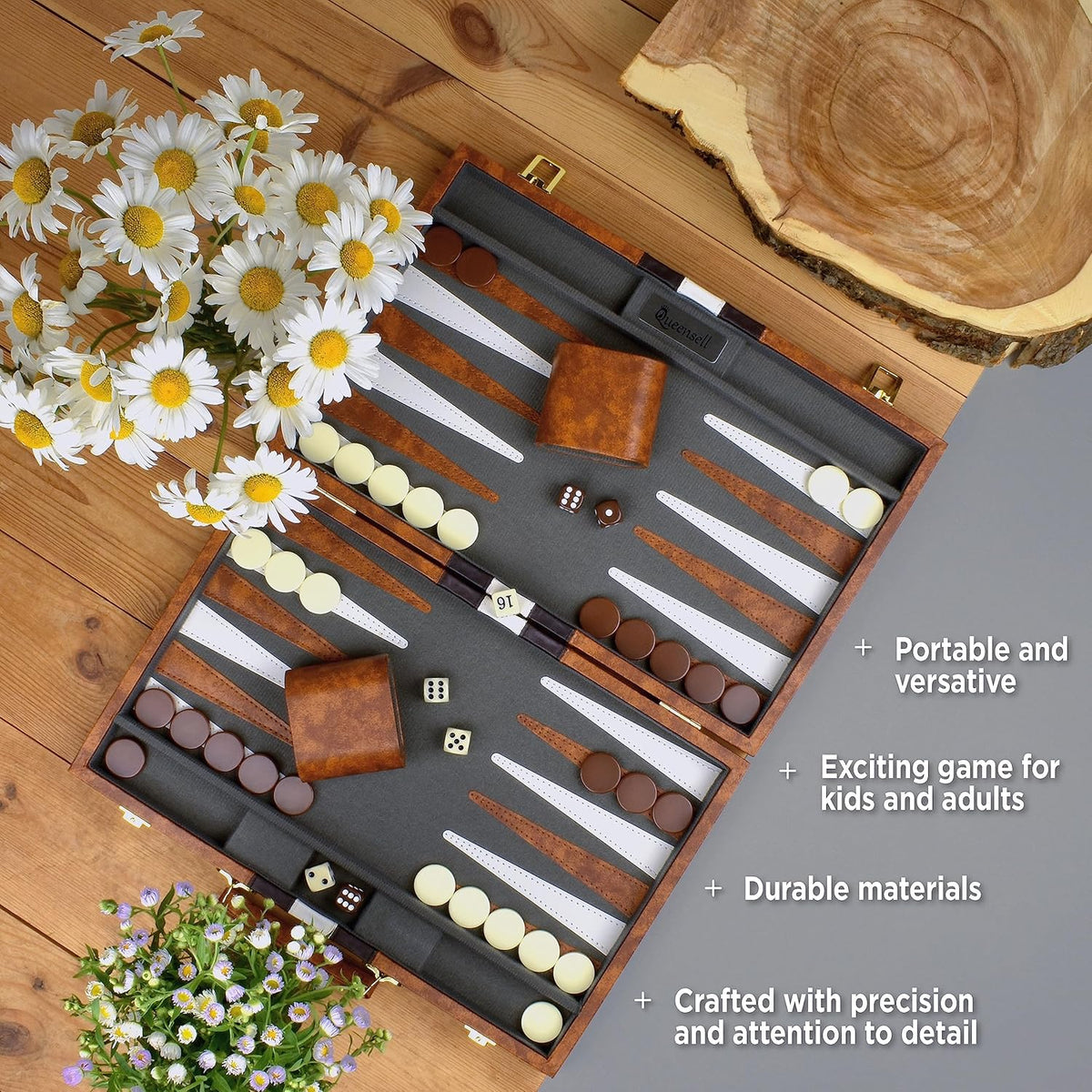 Large Backgammon Sets for Adults - Classic Board Games for 2 Players Adults and Kids - Premium Backgammon Set 38.1 Cm Board and 32 Backgammon Pieces in Quality PU Leather Case
