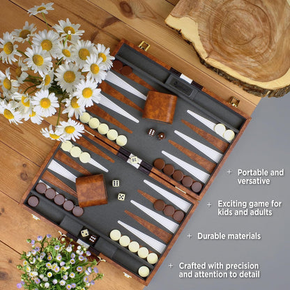 Large Backgammon Sets for Adults - Classic Board Games for 2 Players Adults and Kids - Premium Backgammon Set 38.1 Cm Board and 32 Backgammon Pieces in Quality PU Leather Case