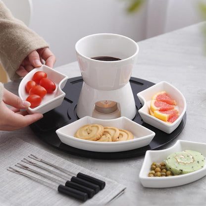 Ceramic Fondue Set Tea Light Pot with Tray for 4