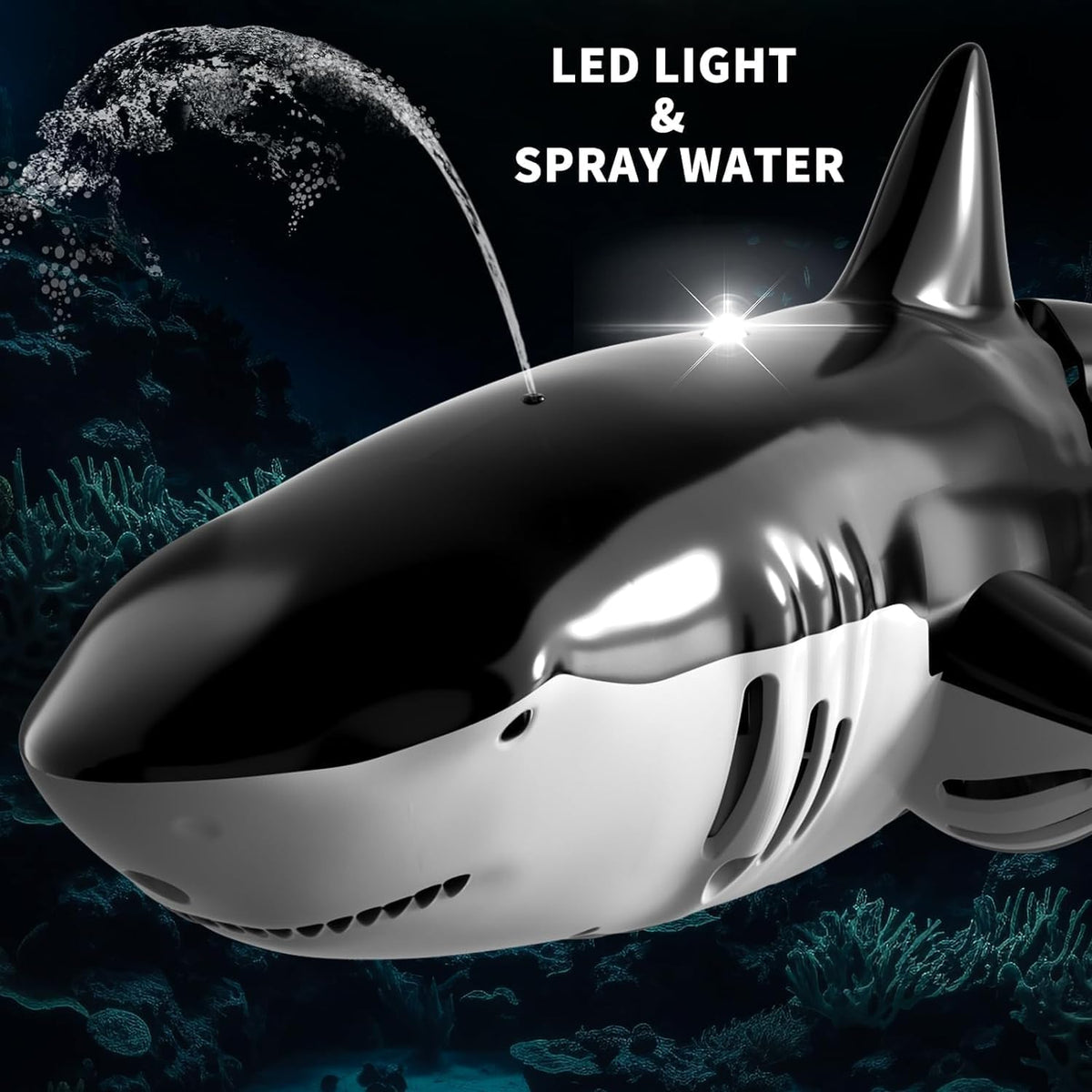 2.4Ghz Remote Control Shark Toys for Boys Kids, 1:18 Scale High Simulation Shark for Pool, Electric RC Shark Fish Toys with Light & Spray Water Function for 4 5 6 7 8 9 Year Olds Kid Boys Girls