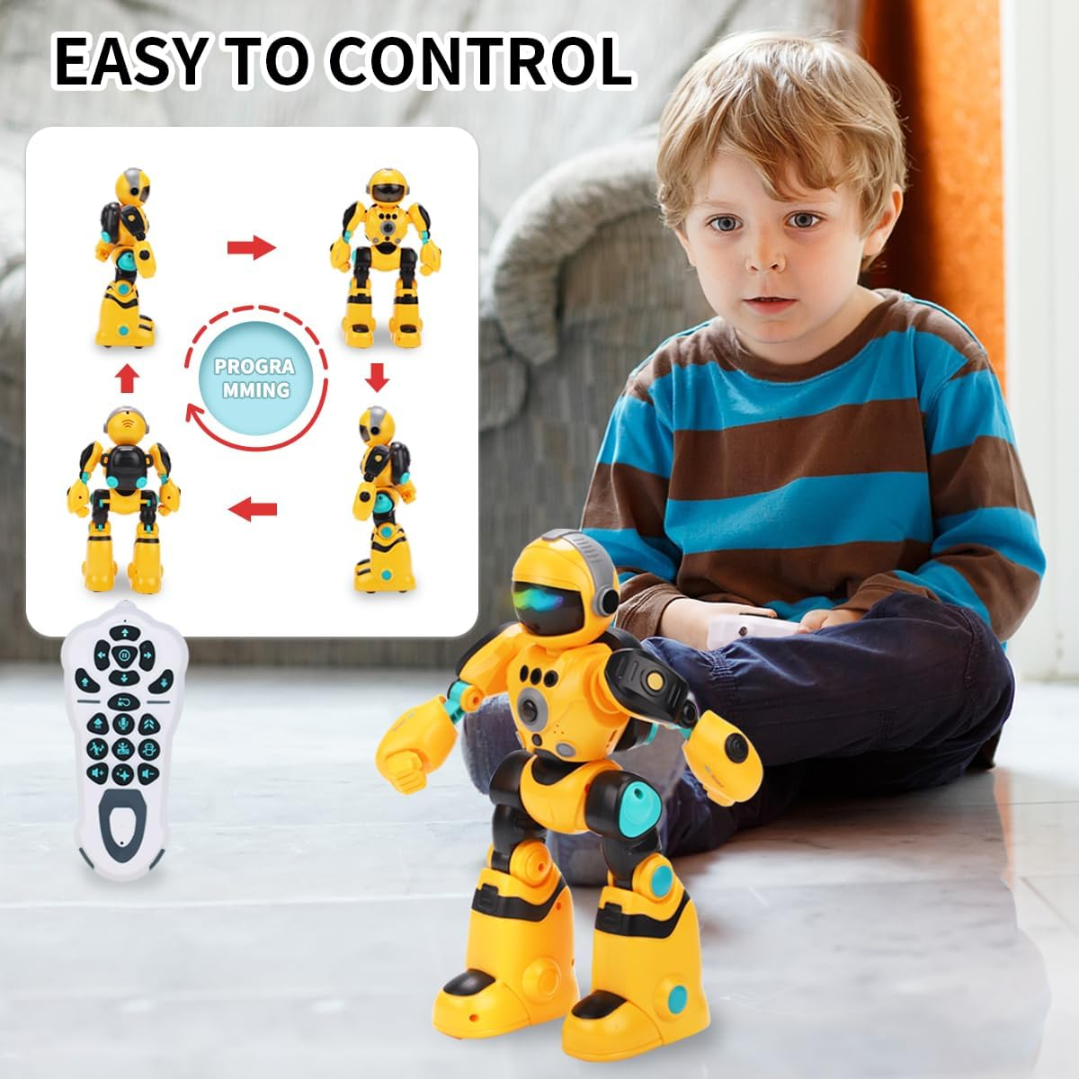 RC Robot Toys for Kids, Gesture Sensing & Remote Control Programmable Smart Robot Toy, Remote Control Toy with Music and LED Eyes, Gifts for Boys Girls Age 3 Years and up (Yellow) AutoDS