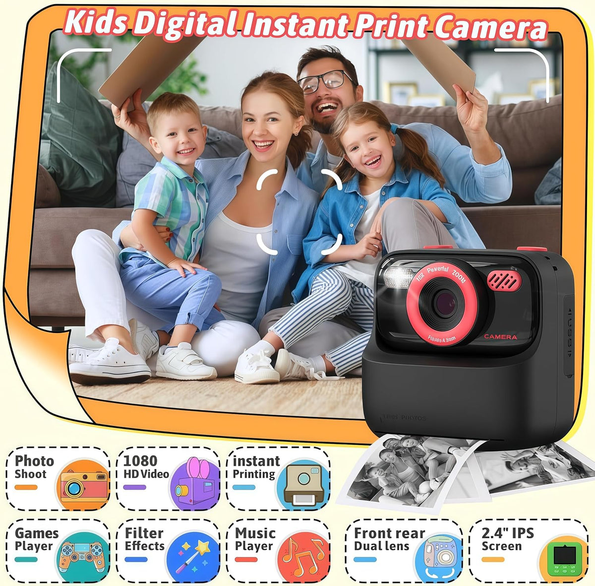 Kids Camera Instant Print Photo, Birthday Gifts for Girls and Boys, Kids Digital Camera Toys, 1080P HD Video, 3 4 5 6 7 8 9 10 11 12 Year Old Boy Gifts/Girl Gifts (Black)