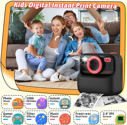 Kids Camera Instant Print Photo, Birthday Gifts for Girls and Boys, Kids Digital Camera Toys, 1080P HD Video, 3 4 5 6 7 8 9 10 11 12 Year Old Boy Gifts/Girl Gifts (Black)
