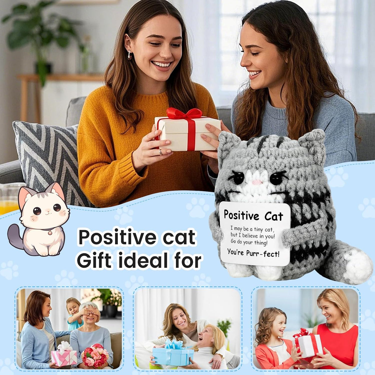 Handmade Positive Crochet Cat Emotional Support Gift