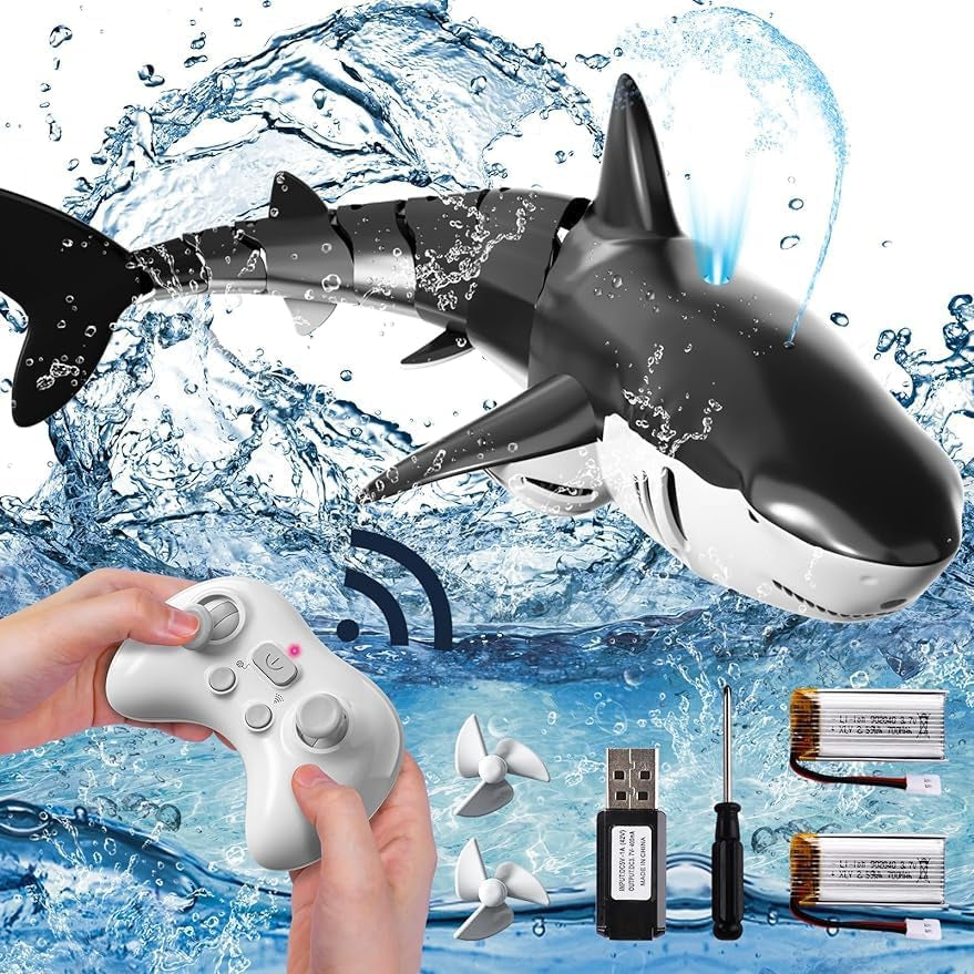 2.4Ghz Remote Control Shark Toys for Boys Kids, 1:18 Scale High Simulation Shark for Pool, Electric RC Shark Fish Toys with Light & Spray Water Function for 4 5 6 7 8 9 Year Olds Kid Boys Girls