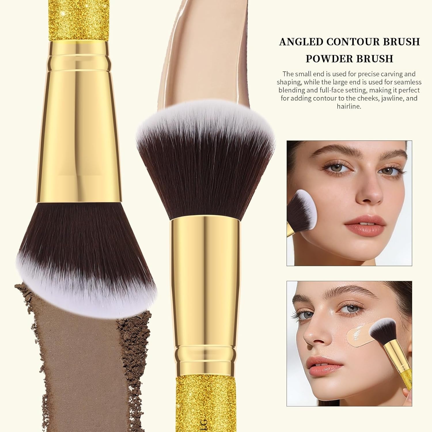 Makeup Brushes Duo End Foundation Powder Buffer and Contour Synthetic Cosmetic Tools 2Pcs Gold