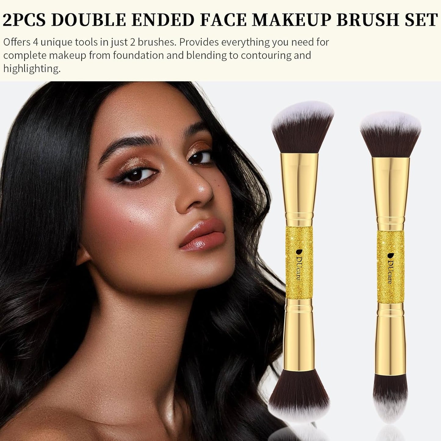 Makeup Brushes Duo End Foundation Powder Buffer and Contour Synthetic Cosmetic Tools 2Pcs Gold