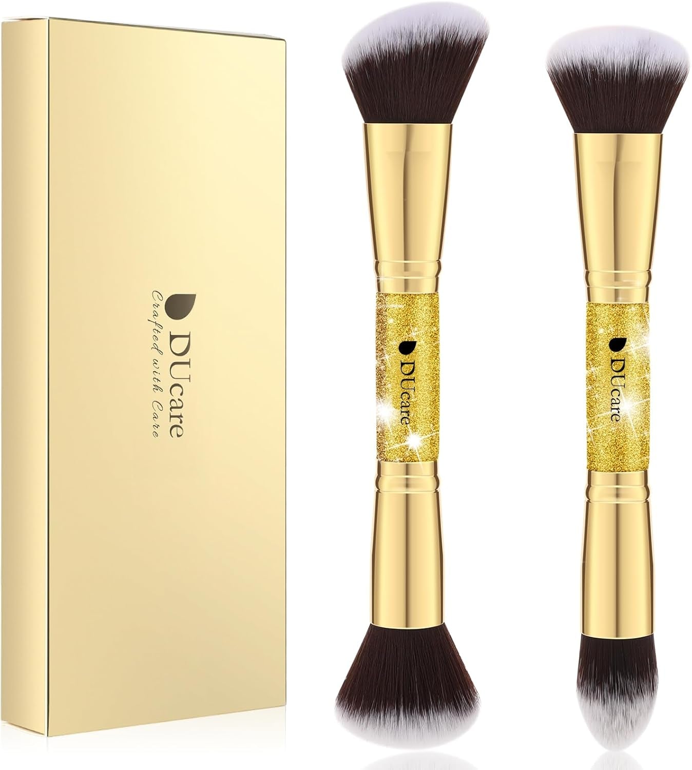 Makeup Brushes Duo End Foundation Powder Buffer and Contour Synthetic Cosmetic Tools 2Pcs Gold