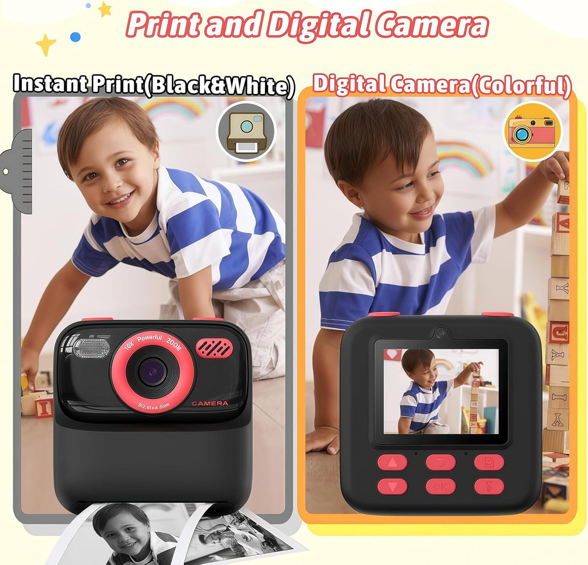 Kids Camera Instant Print Photo, Birthday Gifts for Girls and Boys, Kids Digital Camera Toys, 1080P HD Video, 3 4 5 6 7 8 9 10 11 12 Year Old Boy Gifts/Girl Gifts (Black)