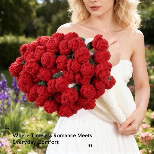 Red Rose Crochet Flower Bouquet Blanket Handmade Gift