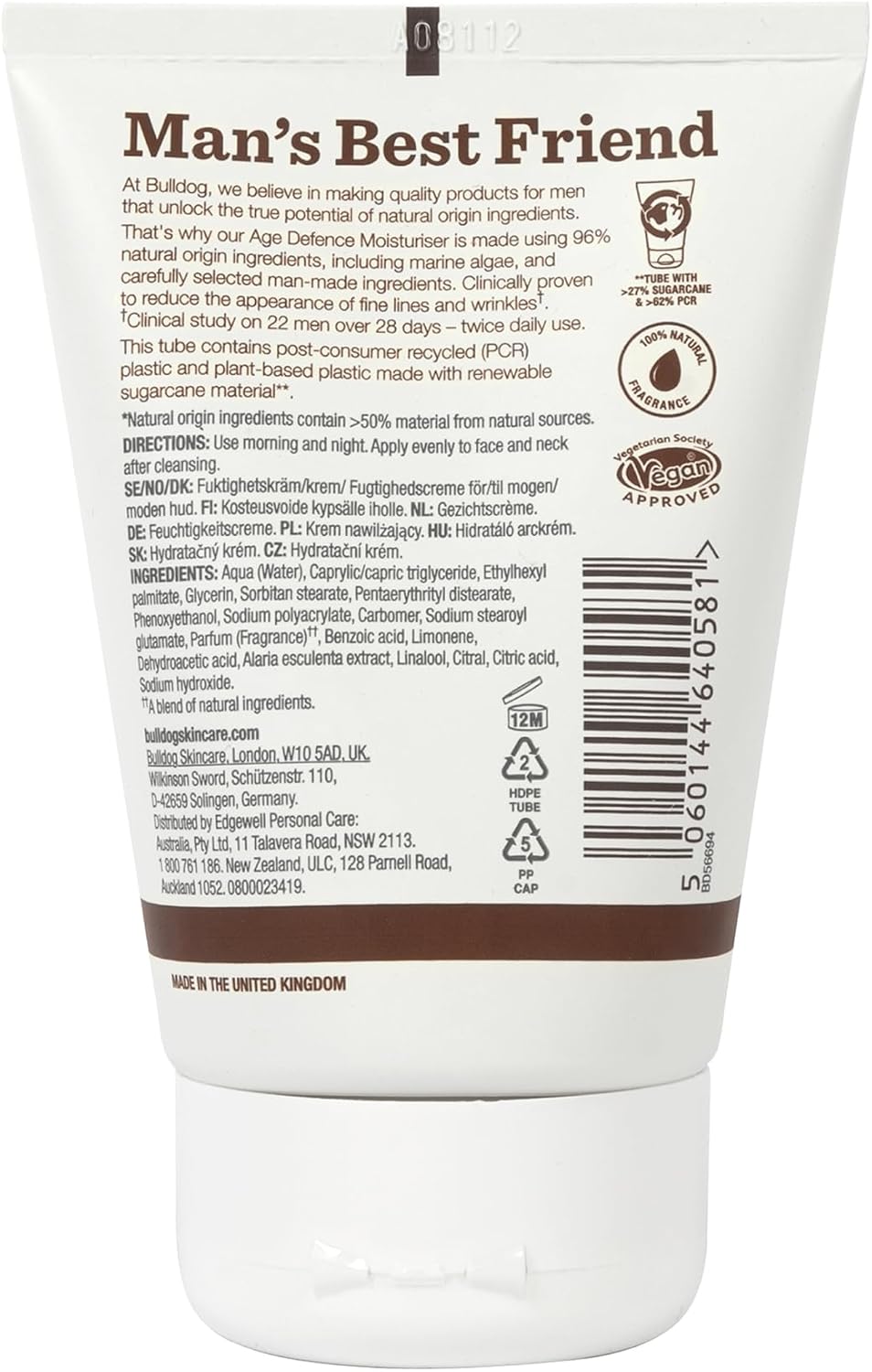 Skincare for Men Age Defence Moisturiser, Reduce Appearance of Fine Lines for Mature Skin, with Rosemary, Echinacea and Vitamin E, 100Ml