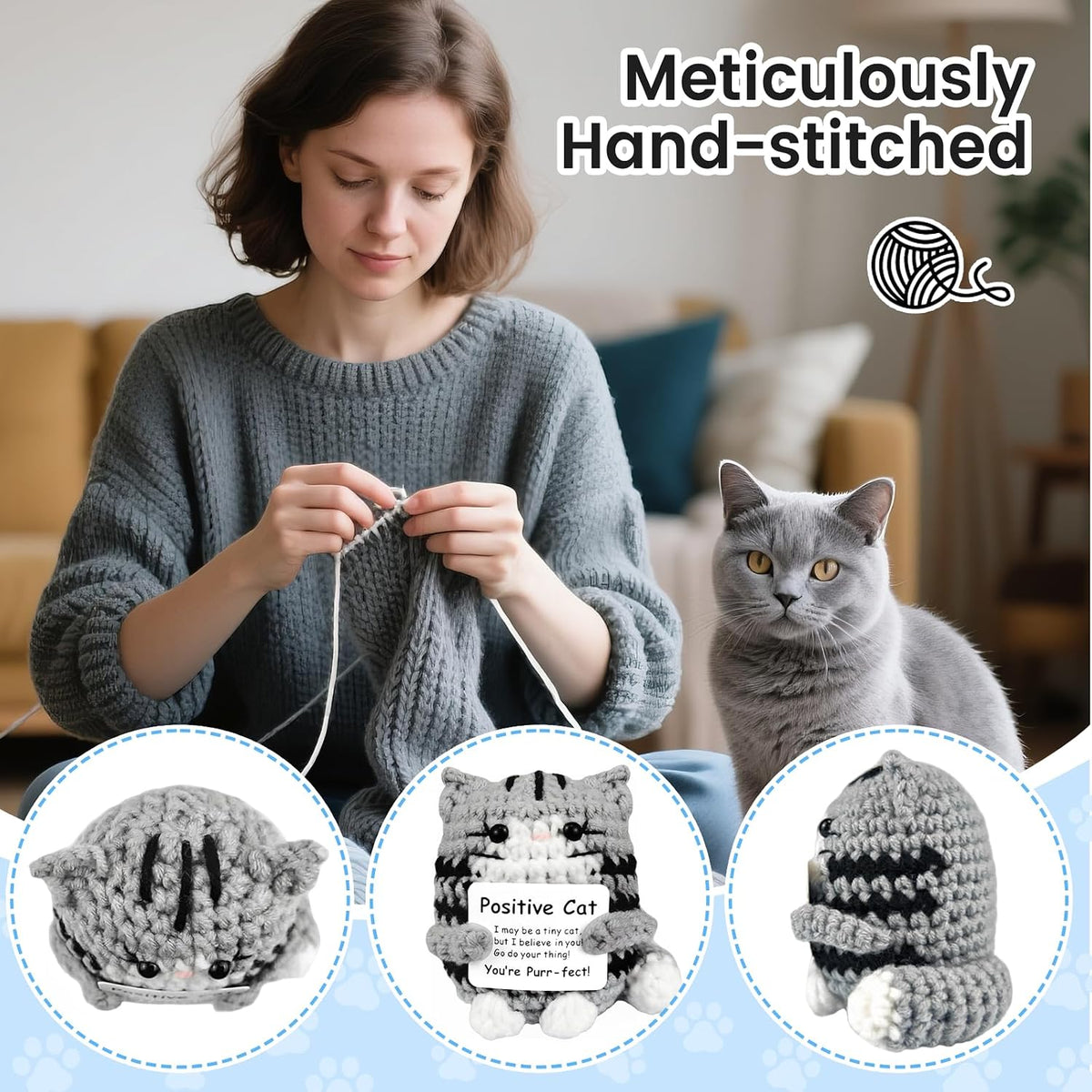 Handmade Positive Crochet Cat Emotional Support Gift