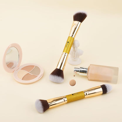 Makeup Brushes Duo End Foundation Powder Buffer and Contour Synthetic Cosmetic Tools 2Pcs Gold