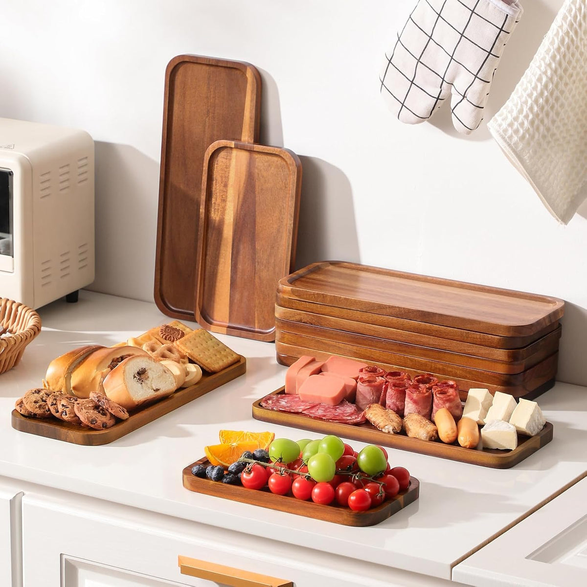 Solid Acacia Wood Serving Tray - 6 Pack, 35.5 Cm X 14 Cm Rectangular Wooden Serving Platter, Wood Boards for Food, Mini Cheese Board for Vegetable, Charcuterie, Appetizer