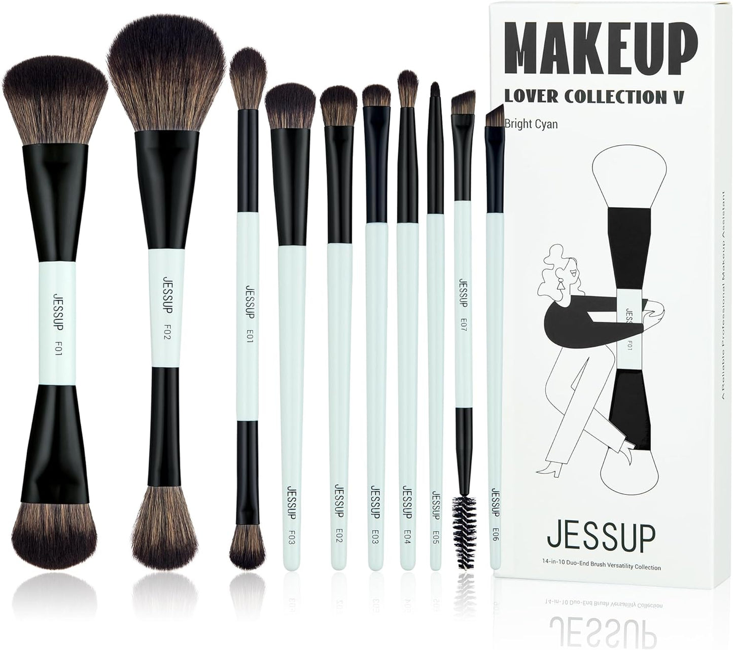 Makeup Brushes Set 10Pcs, Double Sided Foundation Contour Blush Highlight Blending Eyebrow Brush Eyeshadow Eyeliner Concealer Brush, Bright Cyan Cruelty Free Cosmetic Tools T500