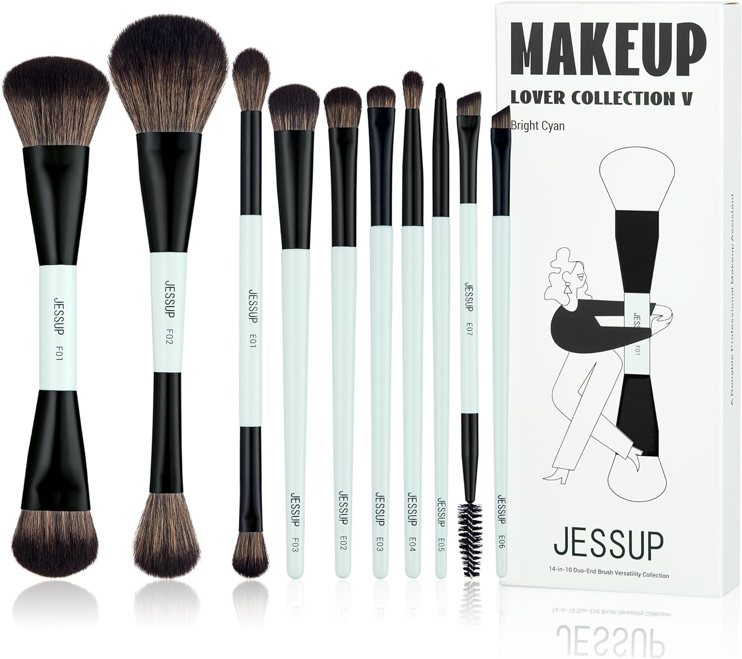 Makeup Brushes Set 10Pcs, Double Sided Foundation Contour Blush Highlight Blending Eyebrow Brush Eyeshadow Eyeliner Concealer Brush, Bright Cyan Cruelty Free Cosmetic Tools T500
