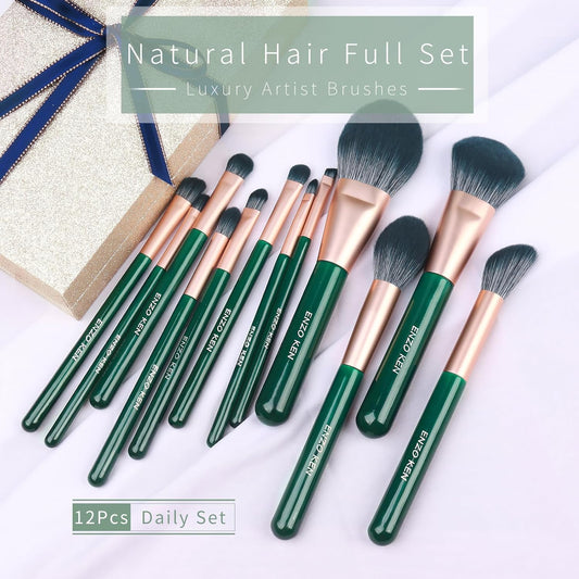 Natural Fiber & Goat Hair Makeup Brush Set Professional, Combined Hair Makeup Brushes Set with Case, Green Cosmetic Brushes Makeup Set, Natural Makeup Brushes, Natural Bristle Makeup Brushes.