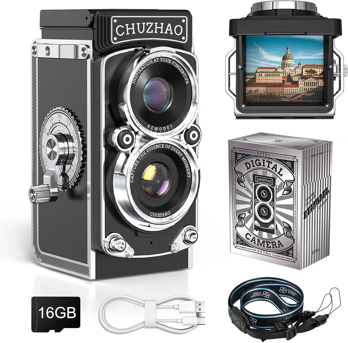 Vintage Retro Digital Camera – 12MP Autofocus, 1080P Video, Dual Filters, 16GB Card Included | Portable TLR Twin-Lens Camera for Travel, Blogging & Beginners AutoDS