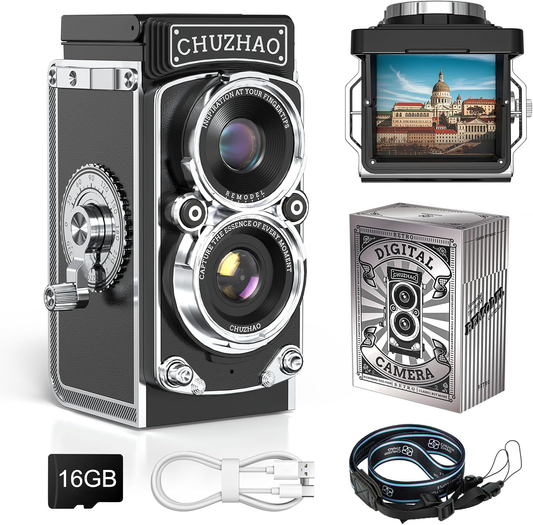 Vintage Retro Digital Camera – 12MP Autofocus, 1080P Video, Dual Filters, 16GB Card Included | Portable TLR Twin-Lens Camera for Travel, Blogging & Beginners AutoDS