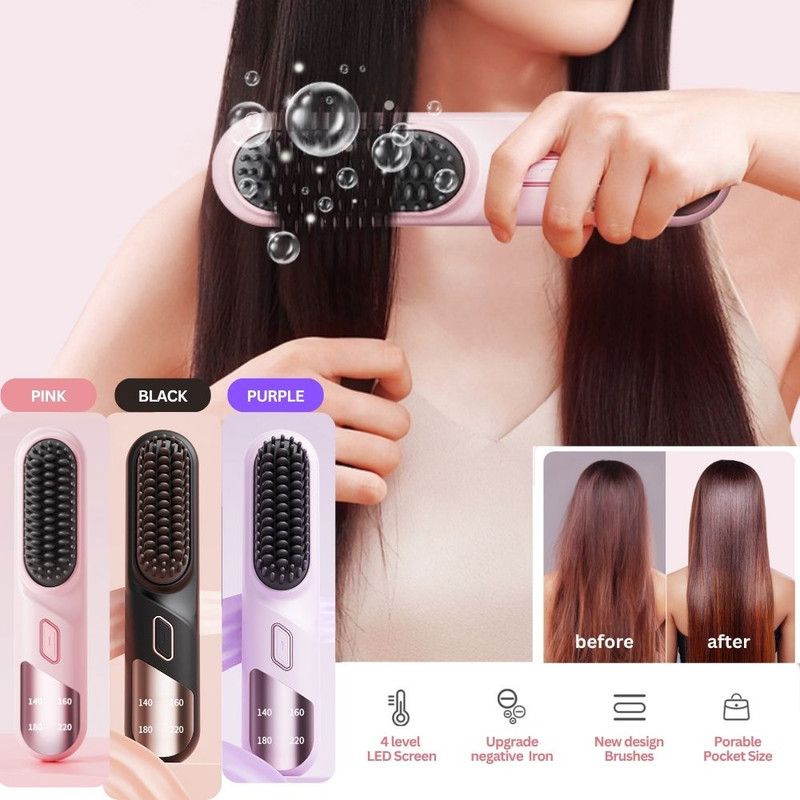 Cordless Hair Straightener Brush Portable Mini Ionic Straightening Comb - Pink DropShipZone