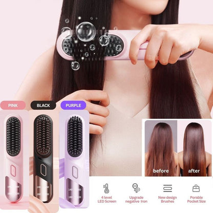 Cordless Hair Straightener Brush Portable Mini Ionic Straightening Comb - Pink DropShipZone