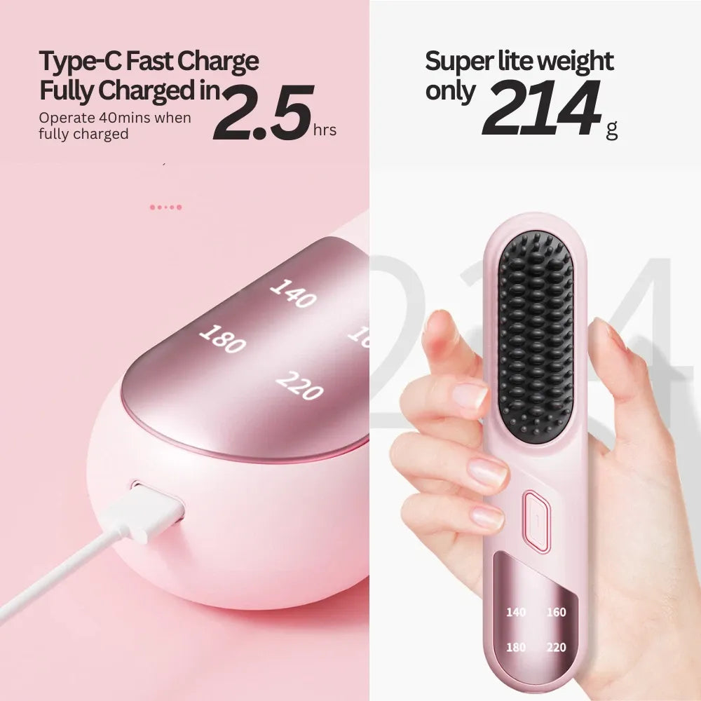 Cordless Hair Straightener Brush Portable Mini Ionic Straightening Comb - Pink DropShipZone