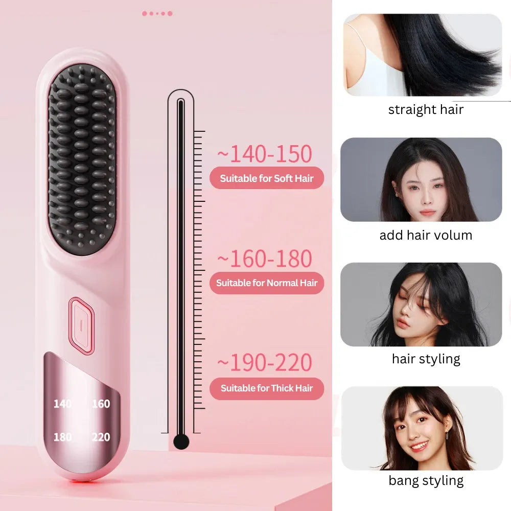 Cordless Hair Straightener Brush Portable Mini Ionic Straightening Comb - Pink DropShipZone