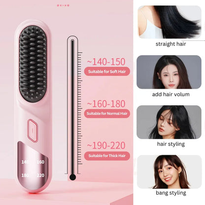 Cordless Hair Straightener Brush Portable Mini Ionic Straightening Comb - Pink DropShipZone