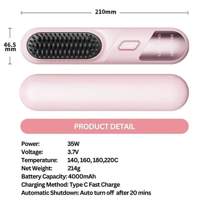 Cordless Hair Straightener Brush Portable Mini Ionic Straightening Comb - Purple DropShipZone