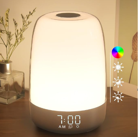 Touch Dimmable Bedside Night Light with Sunrise Alarm Clock, RGB Ambient Lamp for Kids' Bedrooms