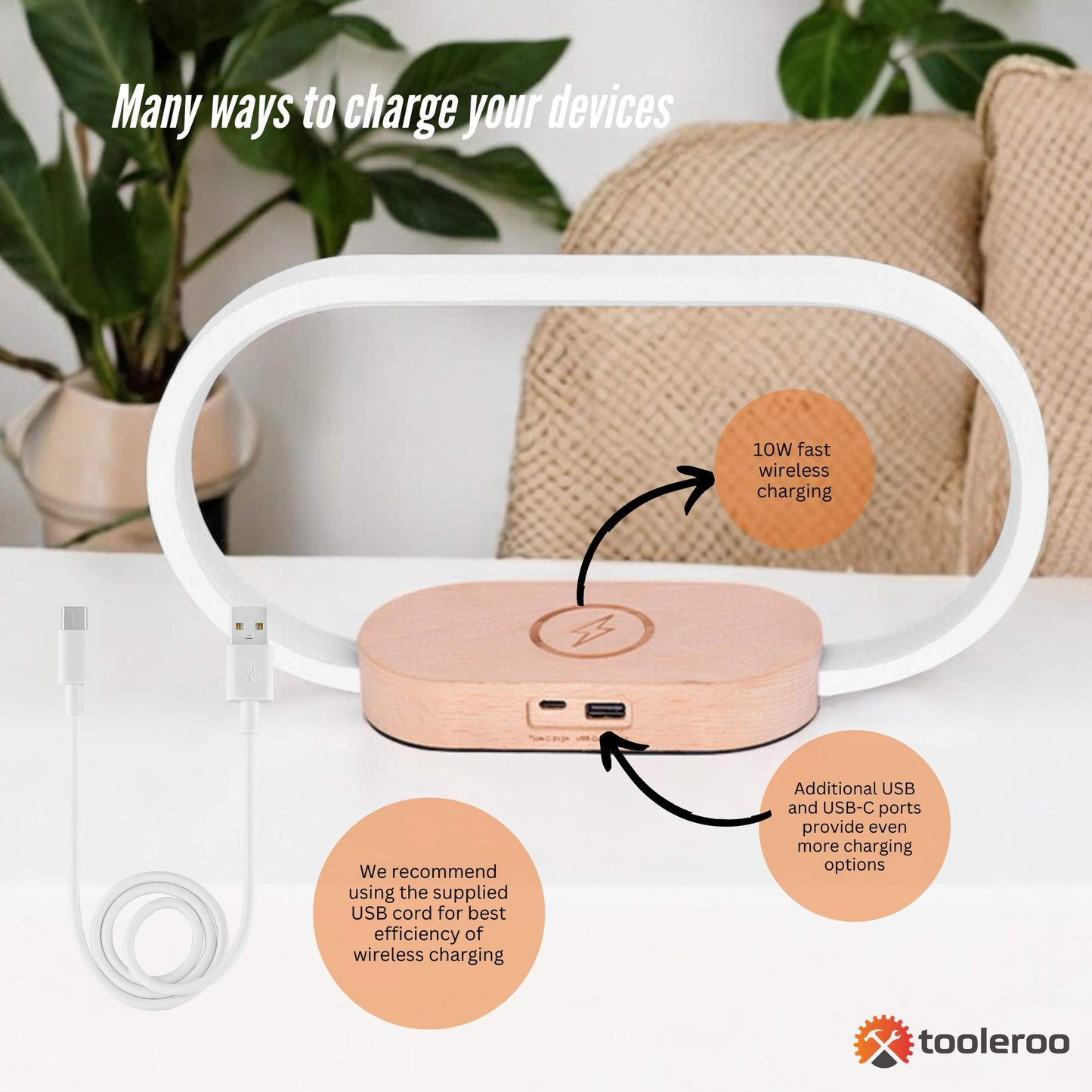Wireless Phone Charger Table Lamp - Bedside Light With Clock