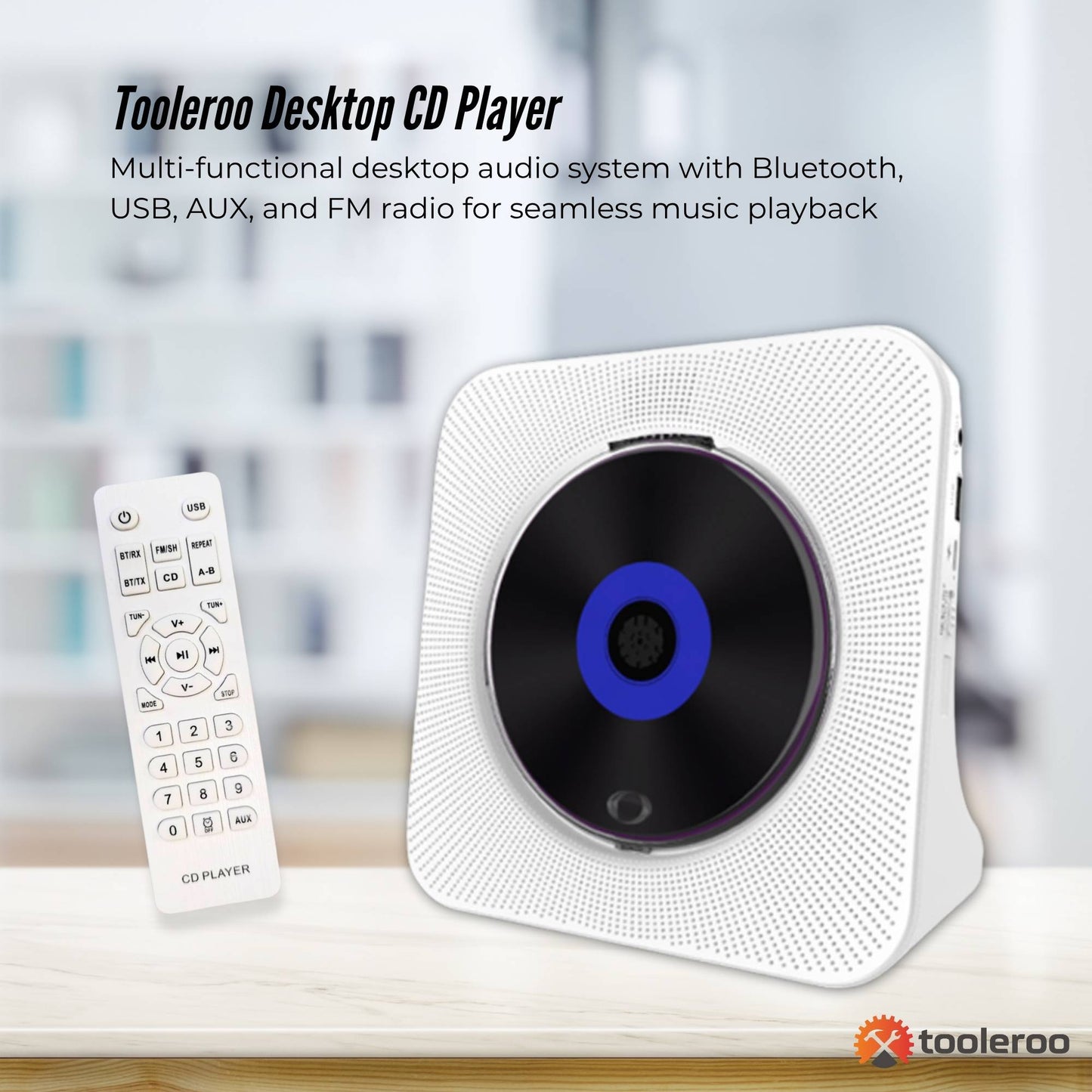 Tooleroo - USB Rechargeable Desktop CD Player Speaker – Bluetooth Portable | White
