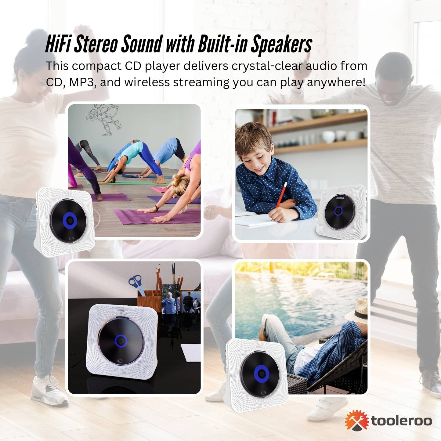 Tooleroo - USB Rechargeable Desktop CD Player Speaker – Bluetooth Portable | White