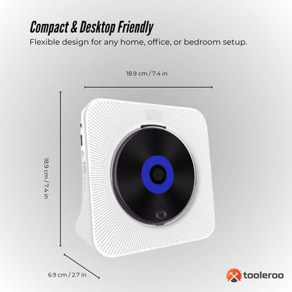 Tooleroo - USB Rechargeable Desktop CD Player Speaker – Bluetooth Portable | White