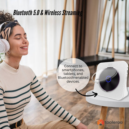 Tooleroo - USB Rechargeable Desktop CD Player Speaker – Bluetooth Portable | White
