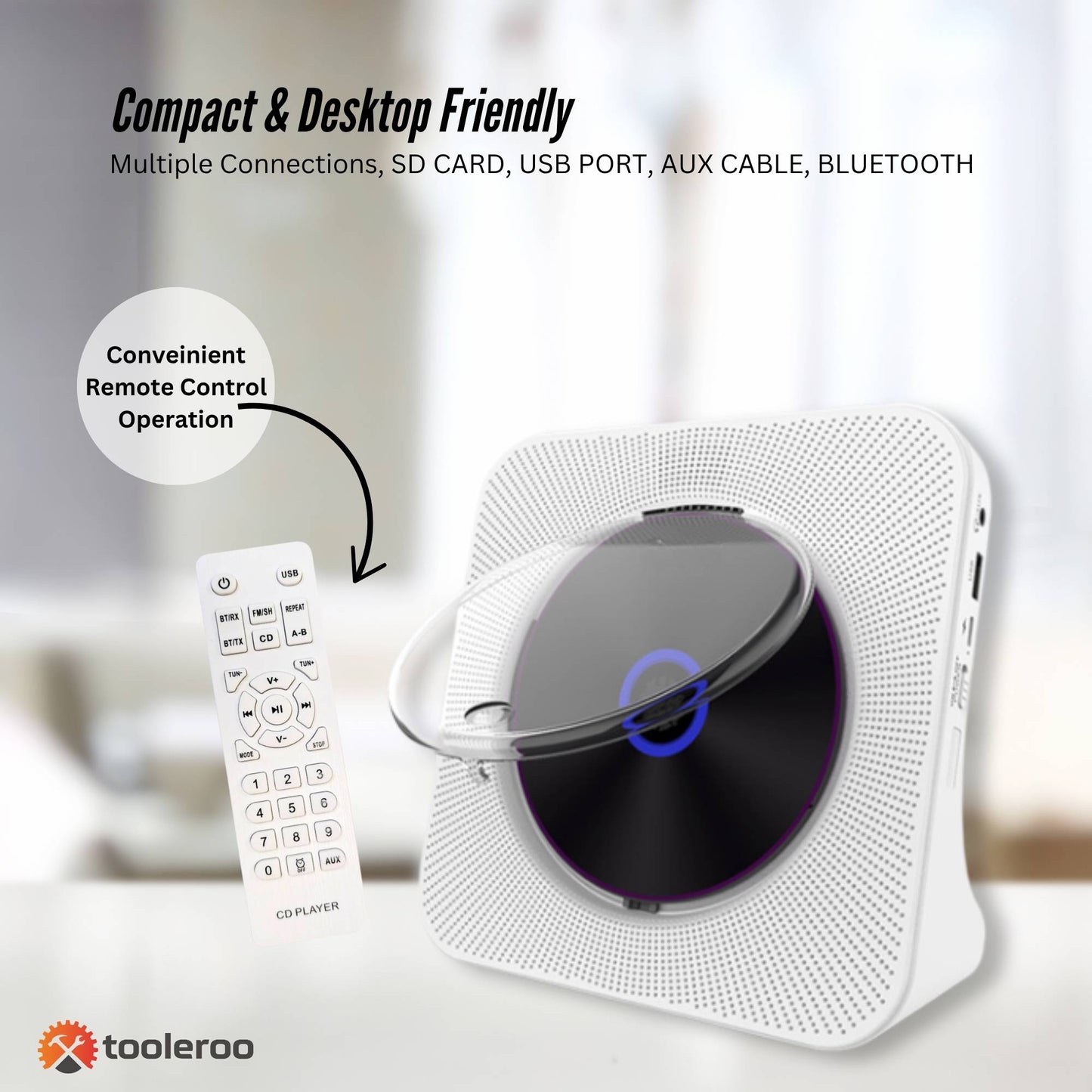 Tooleroo - USB Rechargeable Desktop CD Player Speaker – Bluetooth Portable | White
