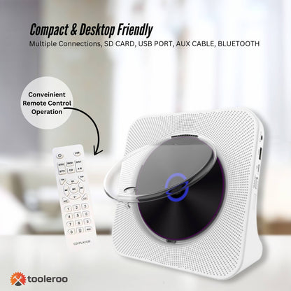 Tooleroo - USB Rechargeable Desktop CD Player Speaker – Bluetooth Portable | White