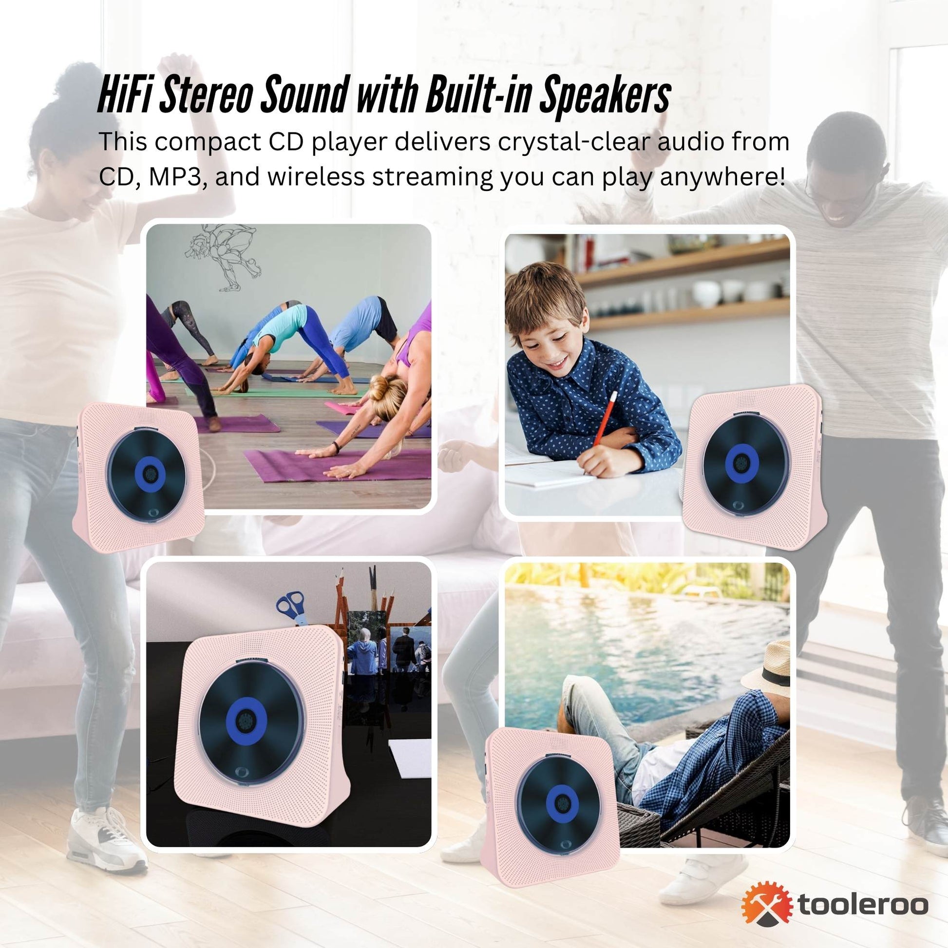 Tooleroo - USB Rechargeable Desktop CD Player Speaker – Bluetooth Portable | Pink GiftArk