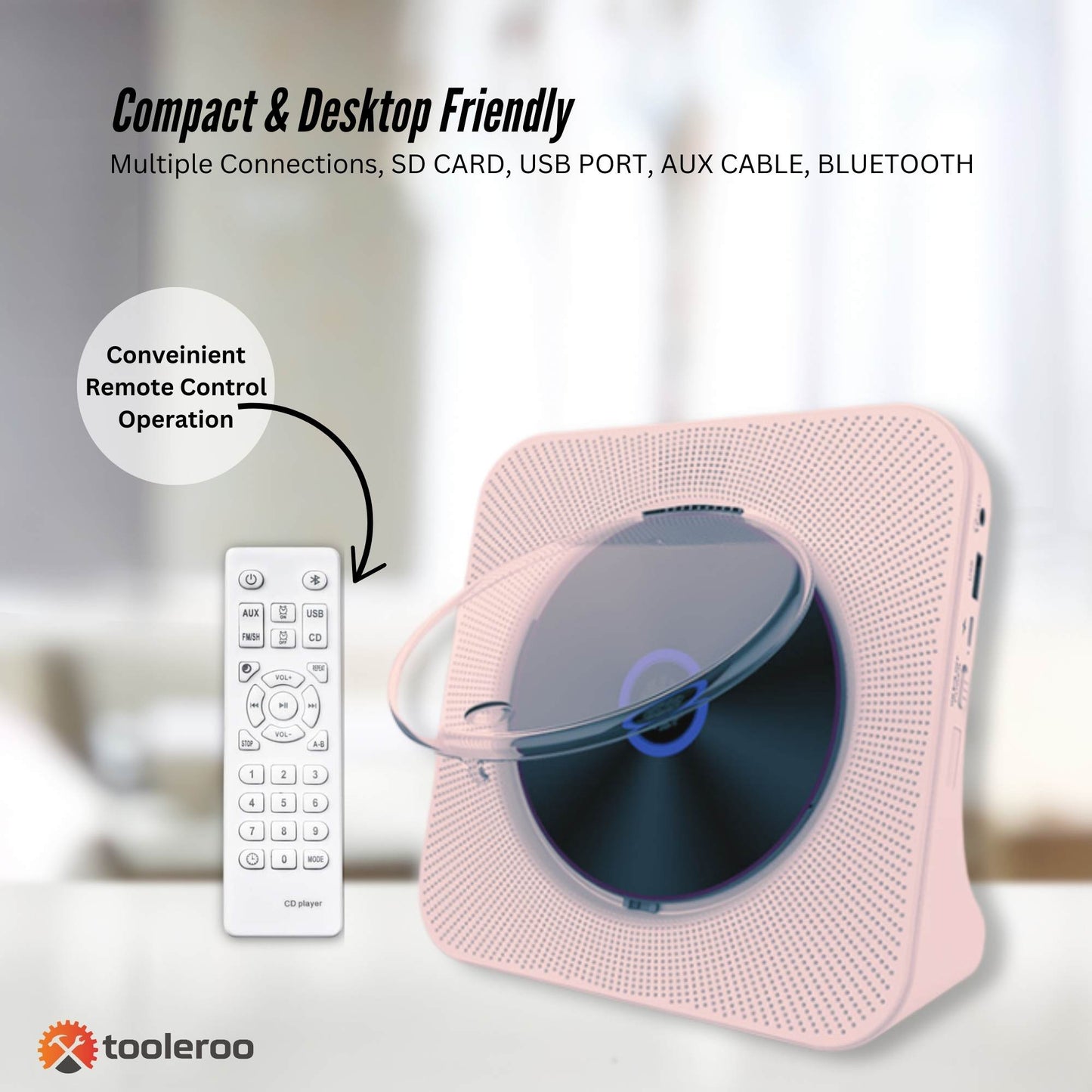 Tooleroo - USB Rechargeable Desktop CD Player Speaker – Bluetooth Portable | Pink GiftArk