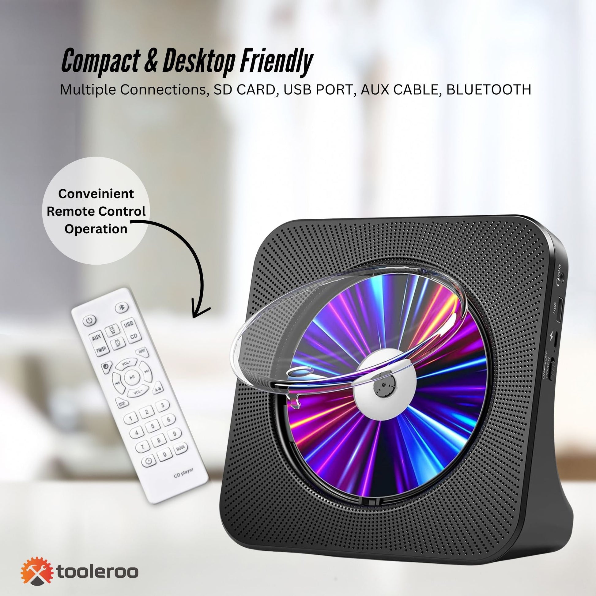 Tooleroo - USB Rechargeable Desktop CD Player Speaker – Bluetooth Portable | Black DropShipZone