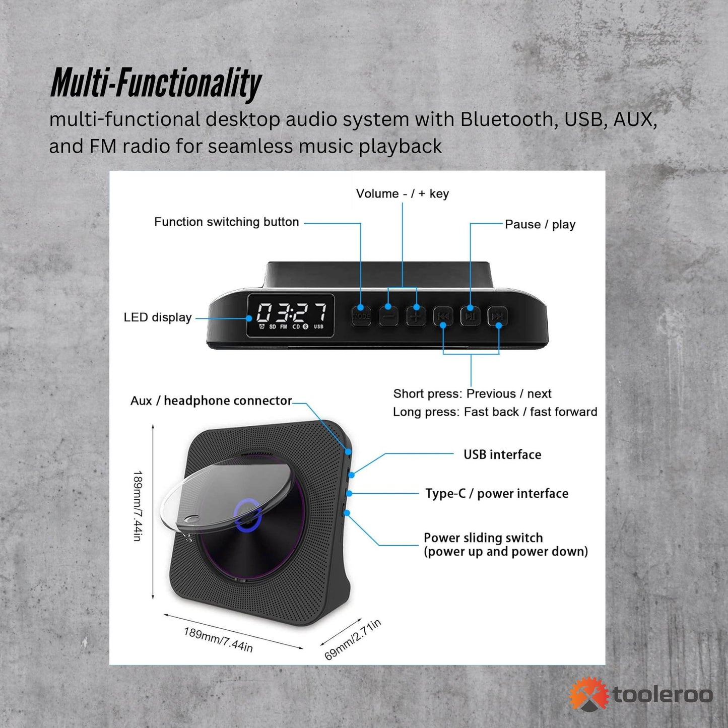 Tooleroo - USB Rechargeable Desktop CD Player Speaker – Bluetooth Portable | Black DropShipZone
